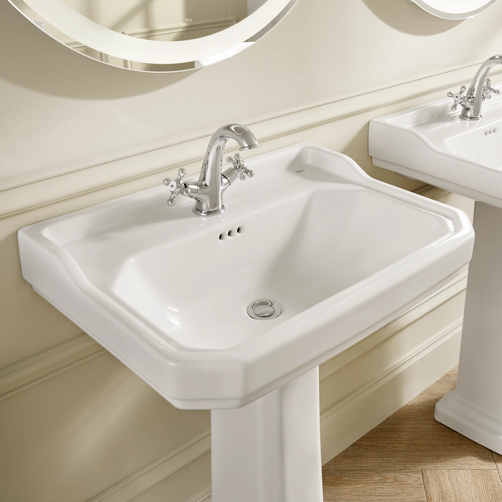 Lifestyle image of the Roca Carmen 800mm Wall-Hung Basin in a traditional style bathroom